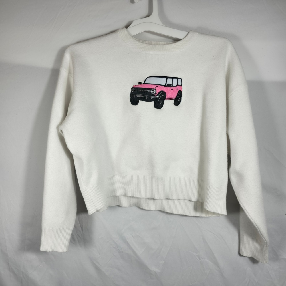 Stella Tweed Sweater Womens Large White Pink Excellent Bronco Graphic Knit W605
